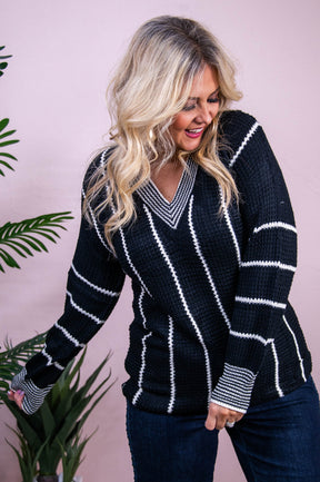 Bringing Perfection Black/White Striped Knitted Sweater - T10320BK