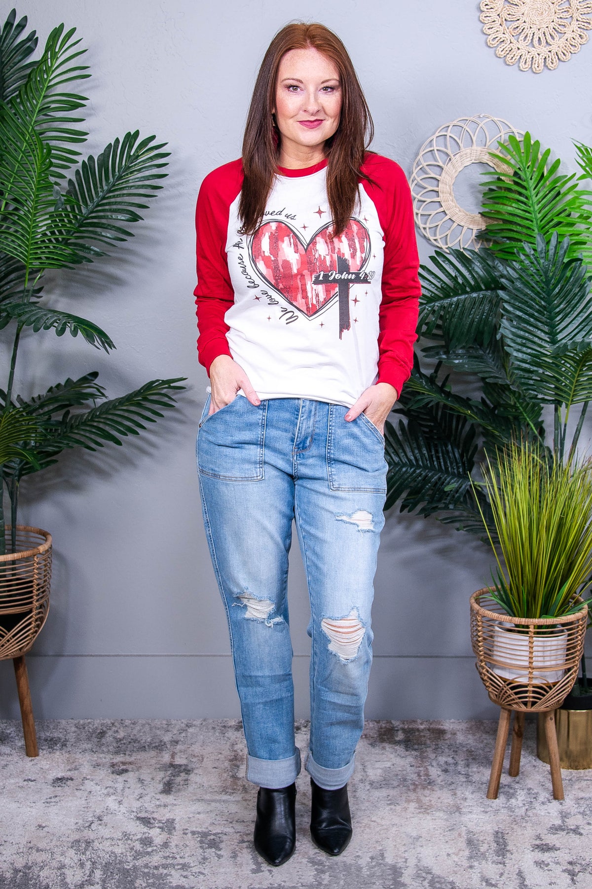 We Love Because He Loved First White/Red Long Sleeve Graphic Tee - A3940WH