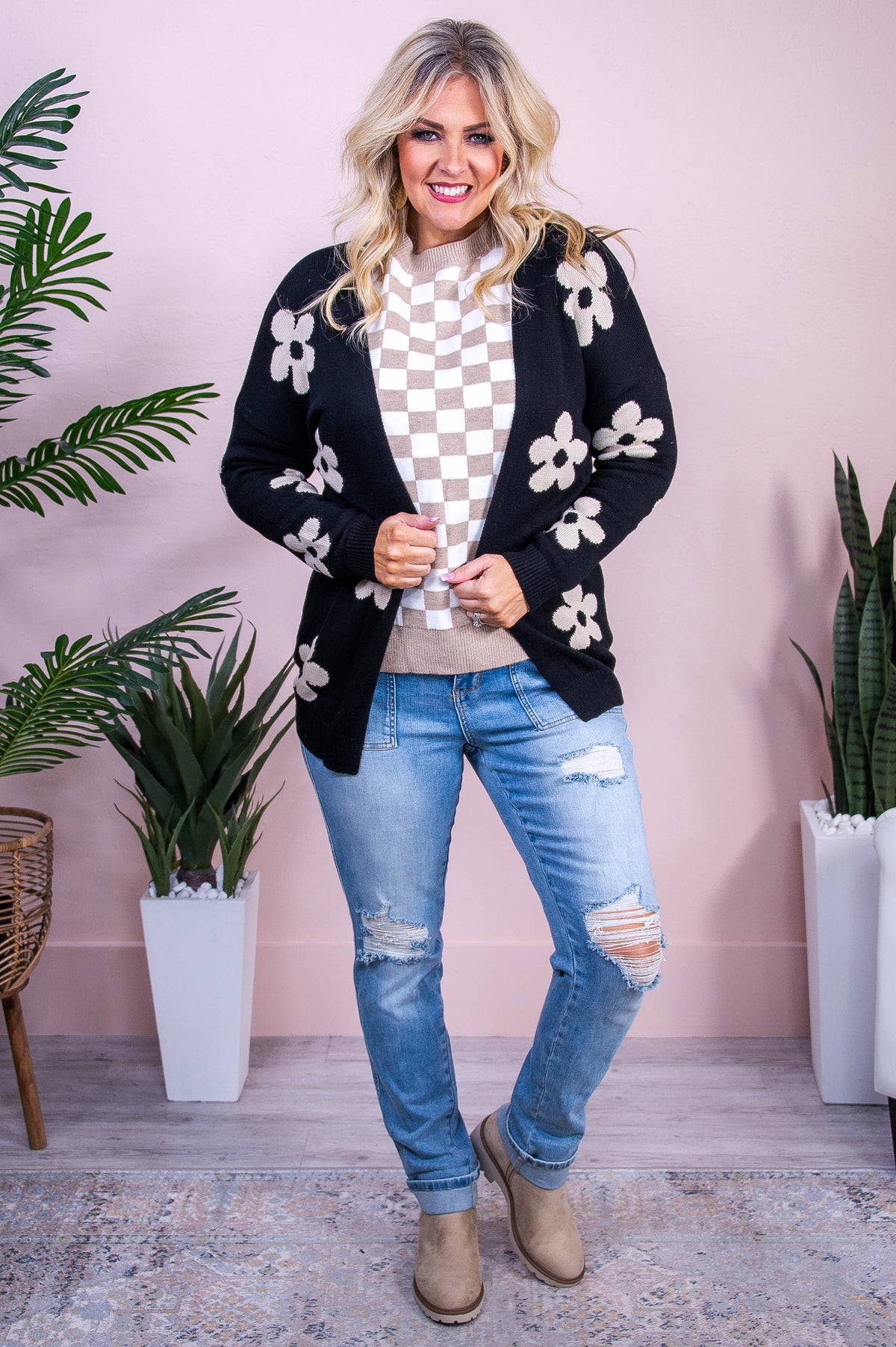 Start With Love Black/Beige Floral Knitted Cardigan - O5536BK