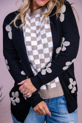 Start With Love Black/Beige Floral Knitted Cardigan - O5536BK