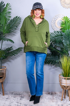 Simple Snug Snap Hooded Olive Pullover- T10930OL