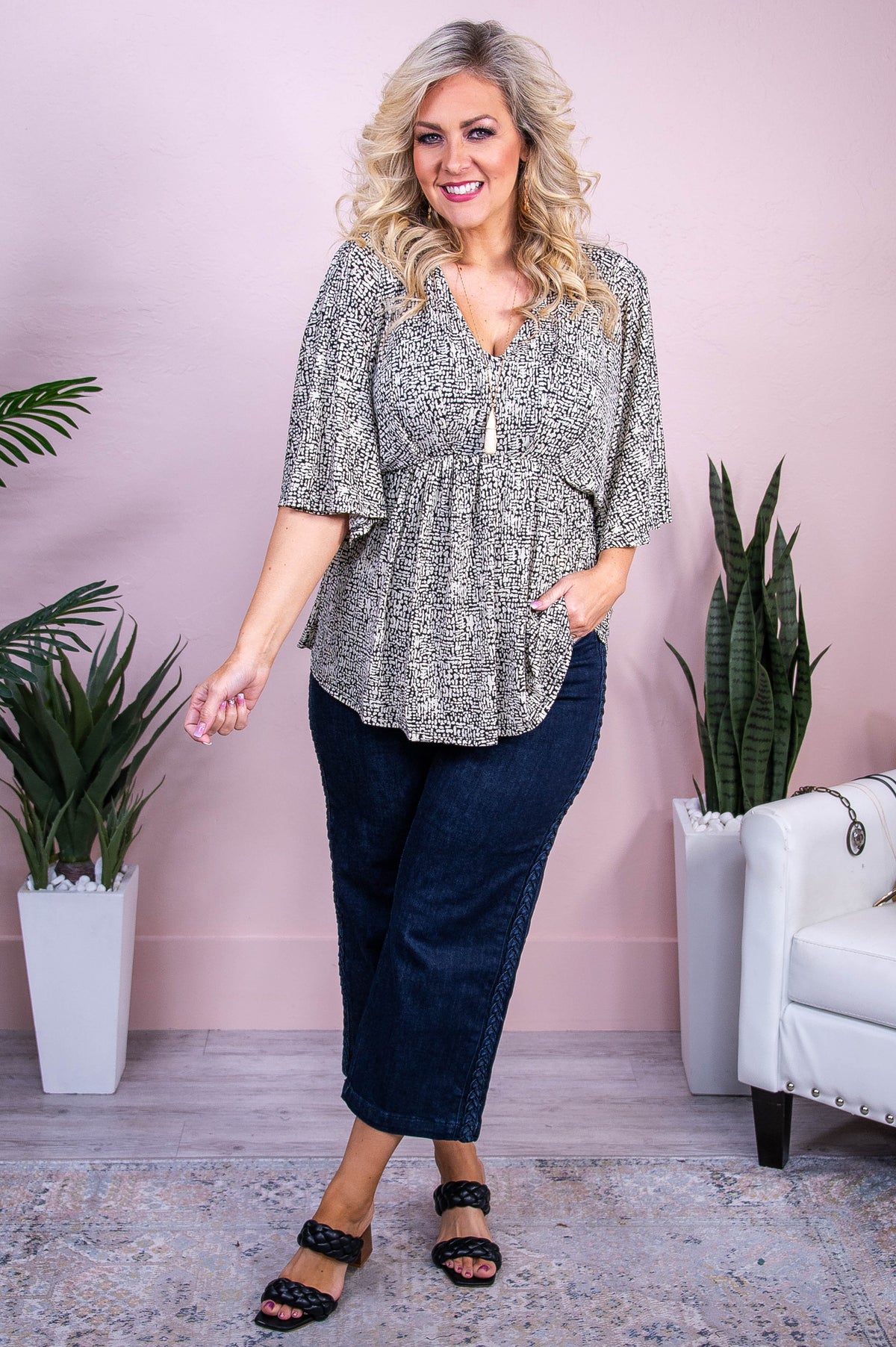 Sweet Surprise Black/Taupe Printed Top - T10315BK