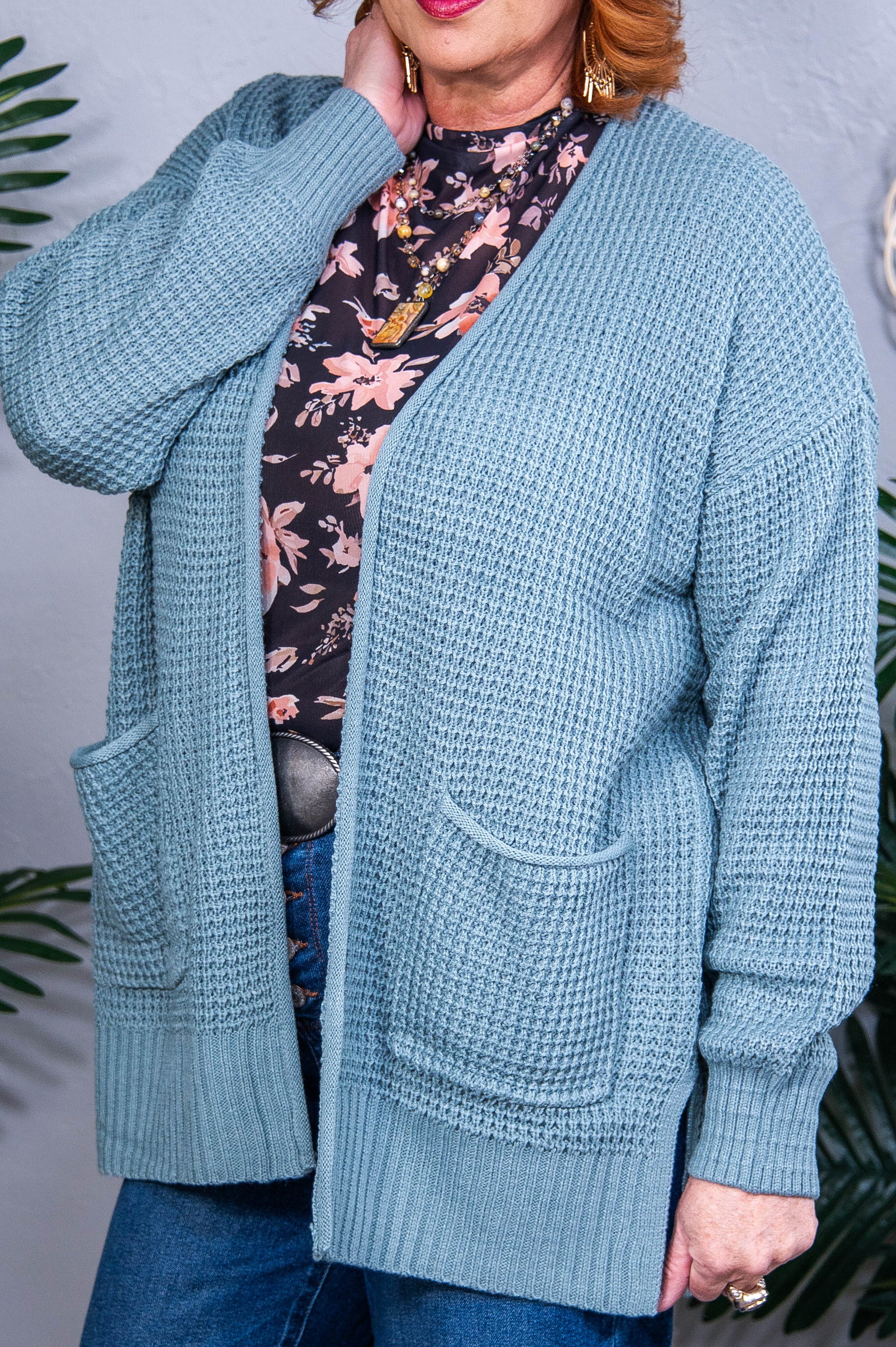 Everything Layer Waffle Knit Open Front Cardigan in Blue Grey