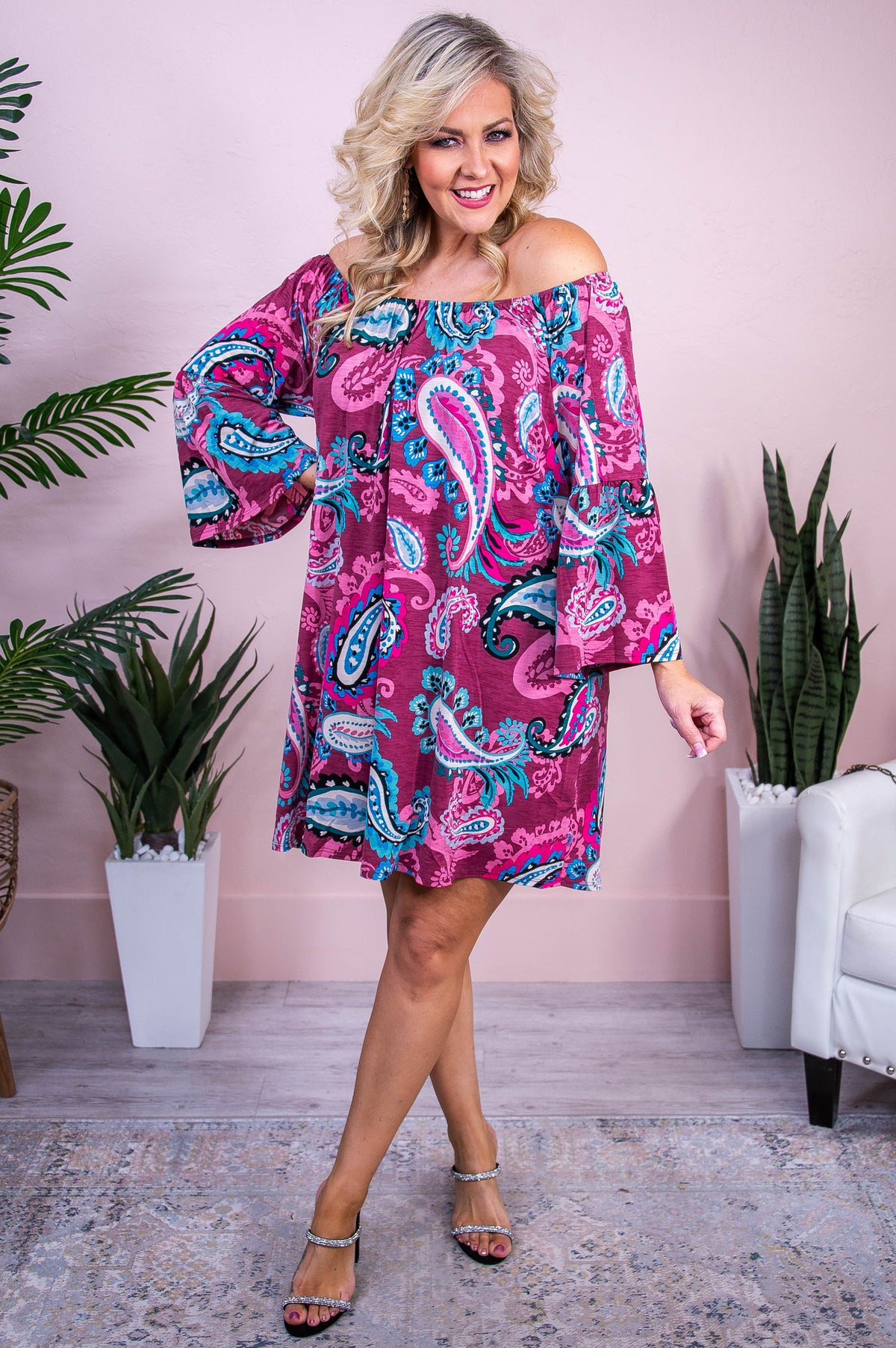 Here's The Plan Magenta/Multi Color Paisley Off The Shoulder Dress - D5520MV