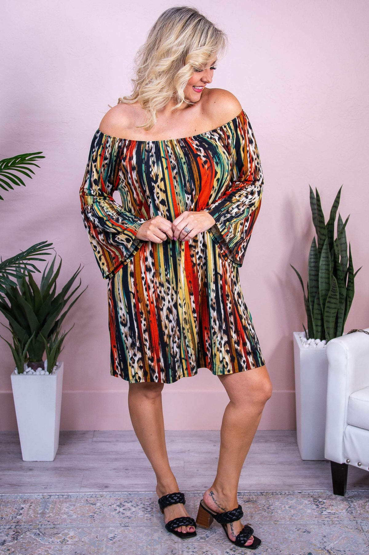 Searching For Truth Rust/Multi Color Serape/Printed Off The Shoulder Dress - D5518RU