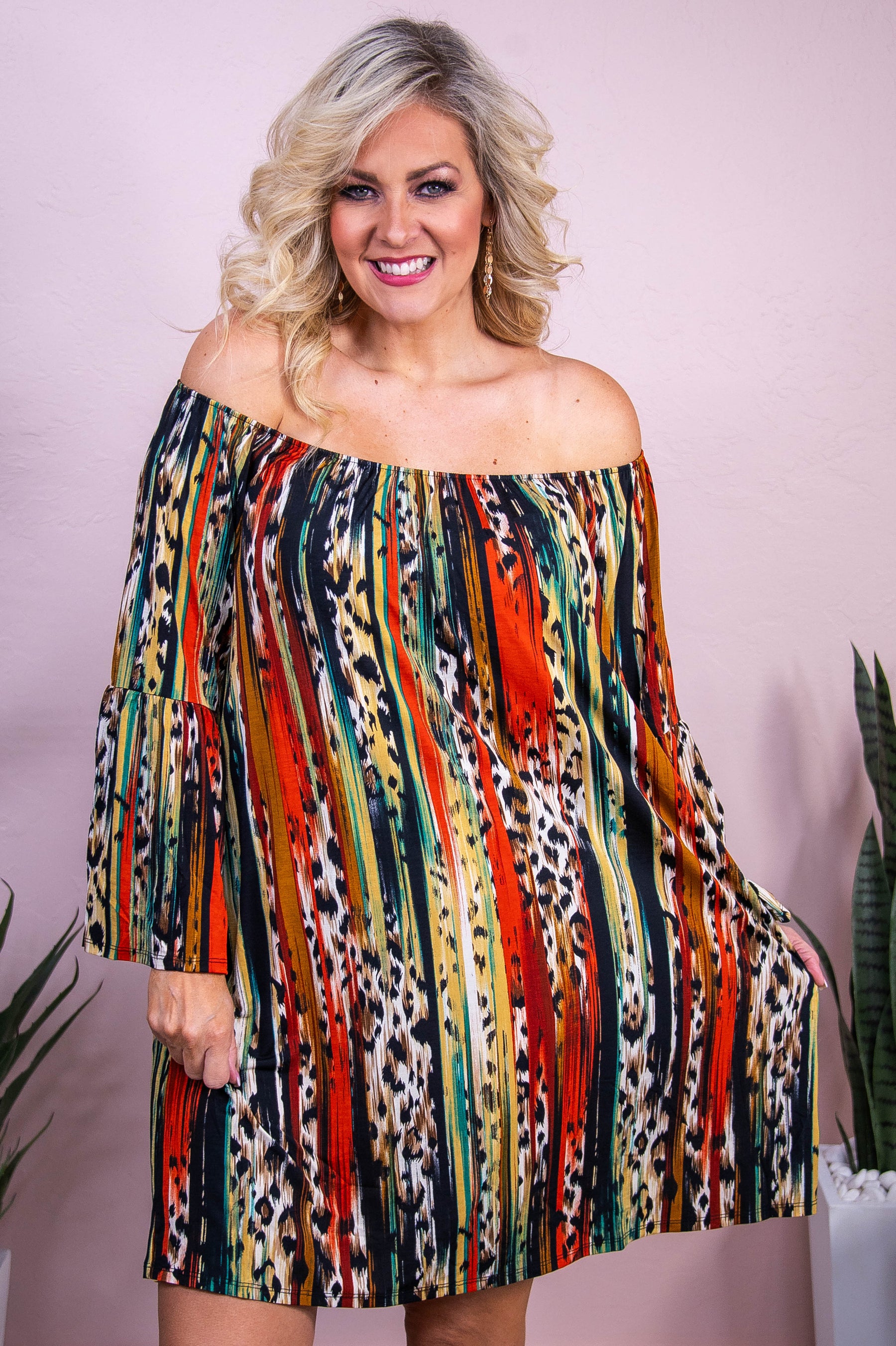 Searching For Truth Rust/Multi Color Serape/Printed Off The Shoulder Dress - D5518RU