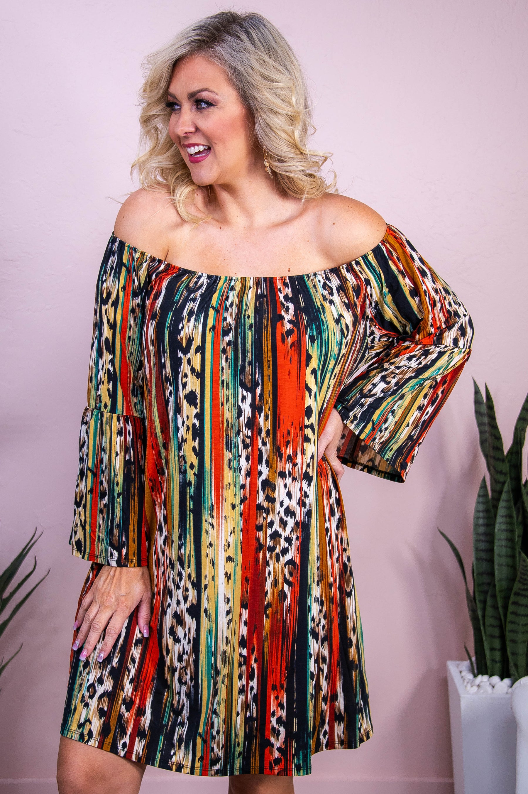 Searching For Truth Rust/Multi Color Serape/Printed Off The Shoulder Dress - D5518RU