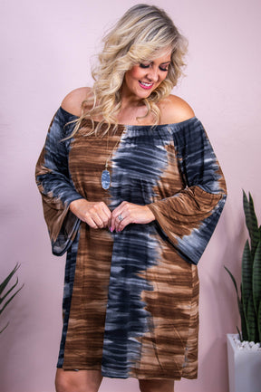 Livin' It Up Charcoal/Mocha Tie Dye Off The Shoulder Dress - D5519CH