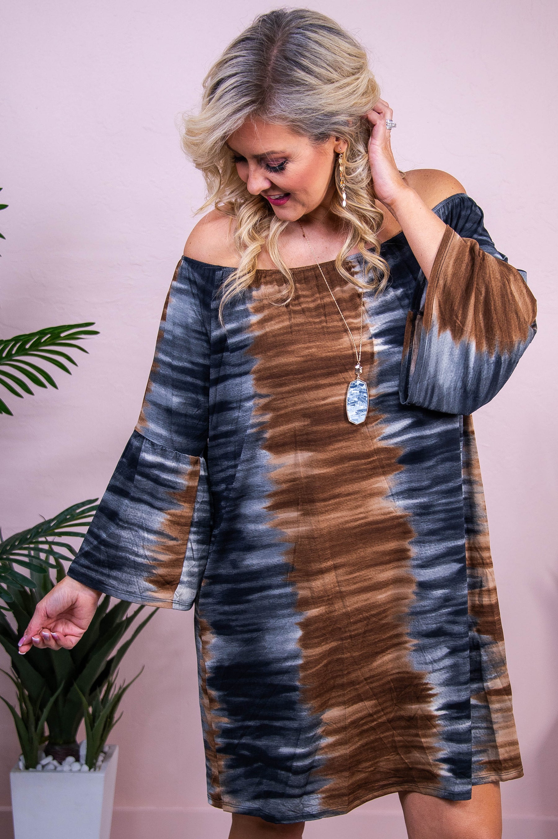 Livin' It Up Charcoal/Mocha Tie Dye Off The Shoulder Dress - D5519CH