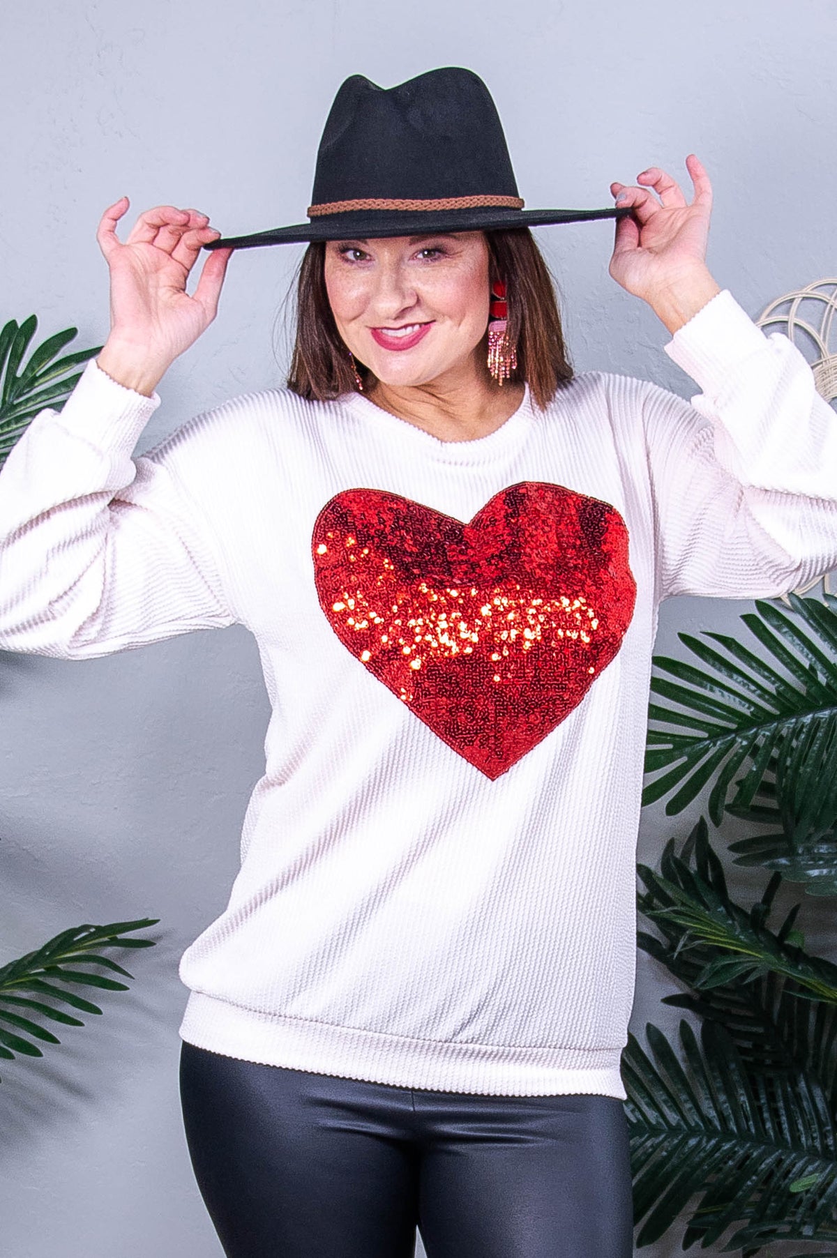 Unconditional Love Cream/Red Sequins/Heart Printed Top - T10834CR