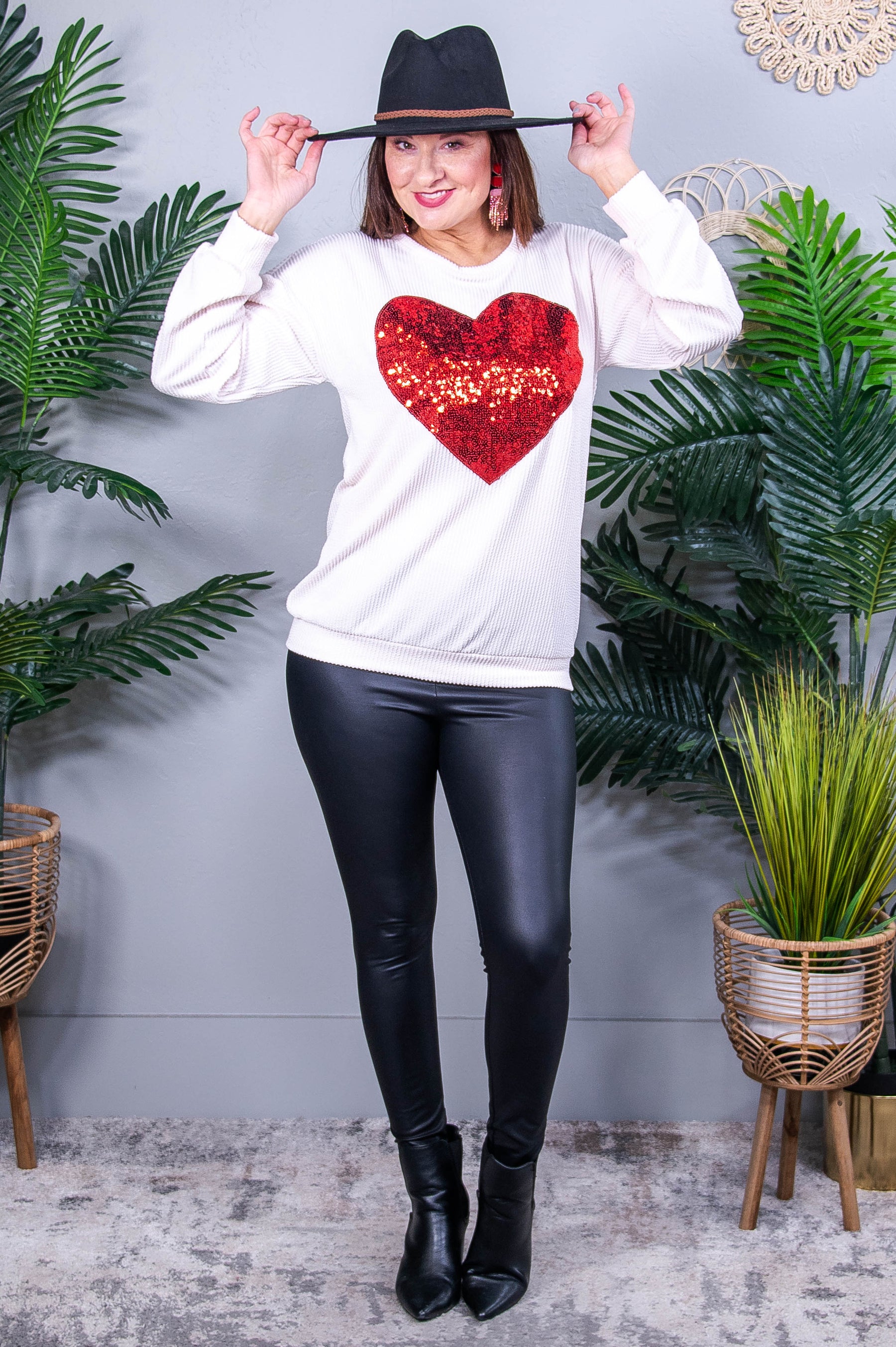 Unconditional Love Cream/Red Sequins/Heart Printed Top - T10834CR