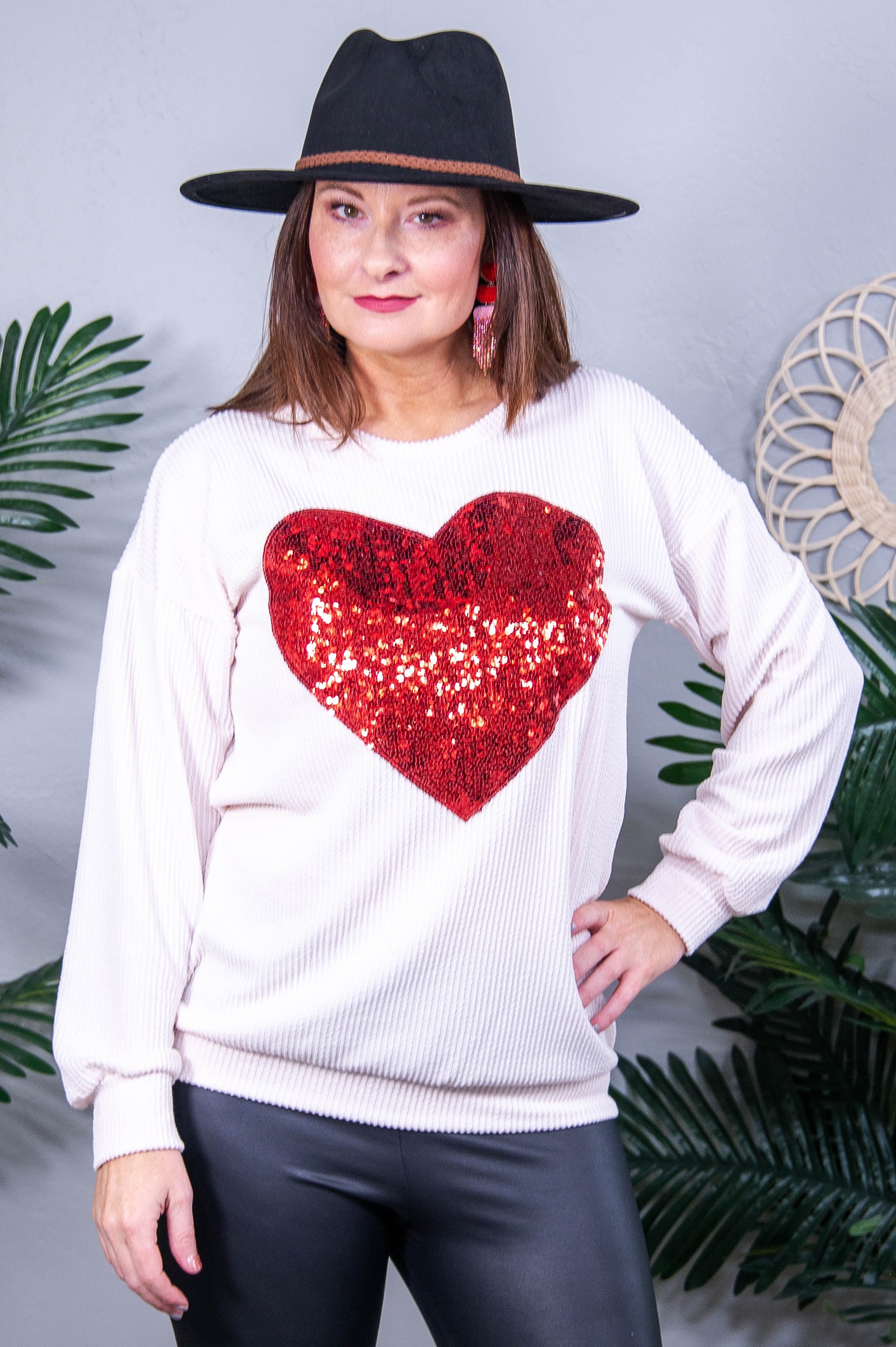 Unconditional Love Cream/Red Sequins/Heart Printed Top - T10834CR