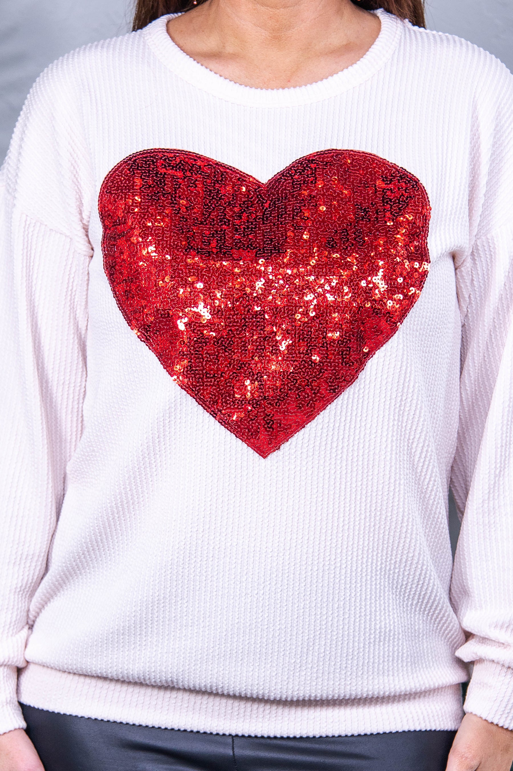 Unconditional Love Cream/Red Sequins/Heart Printed Top - T10834CR