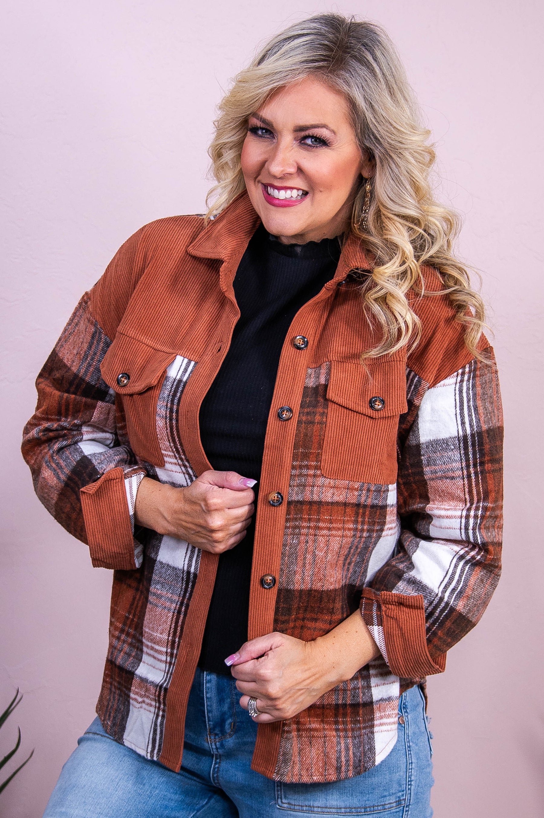 Farm Fresh Pumpkins Cinnamon/Multi Color Plaid/Corduroy Jacket - O5535CN