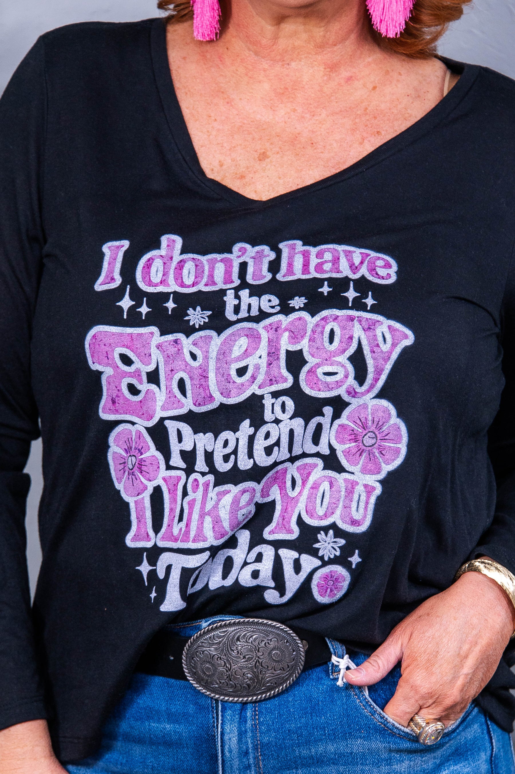 I Don't Have The Energy Black Long Sleeve V Neck Graphic Tee - A3948BK