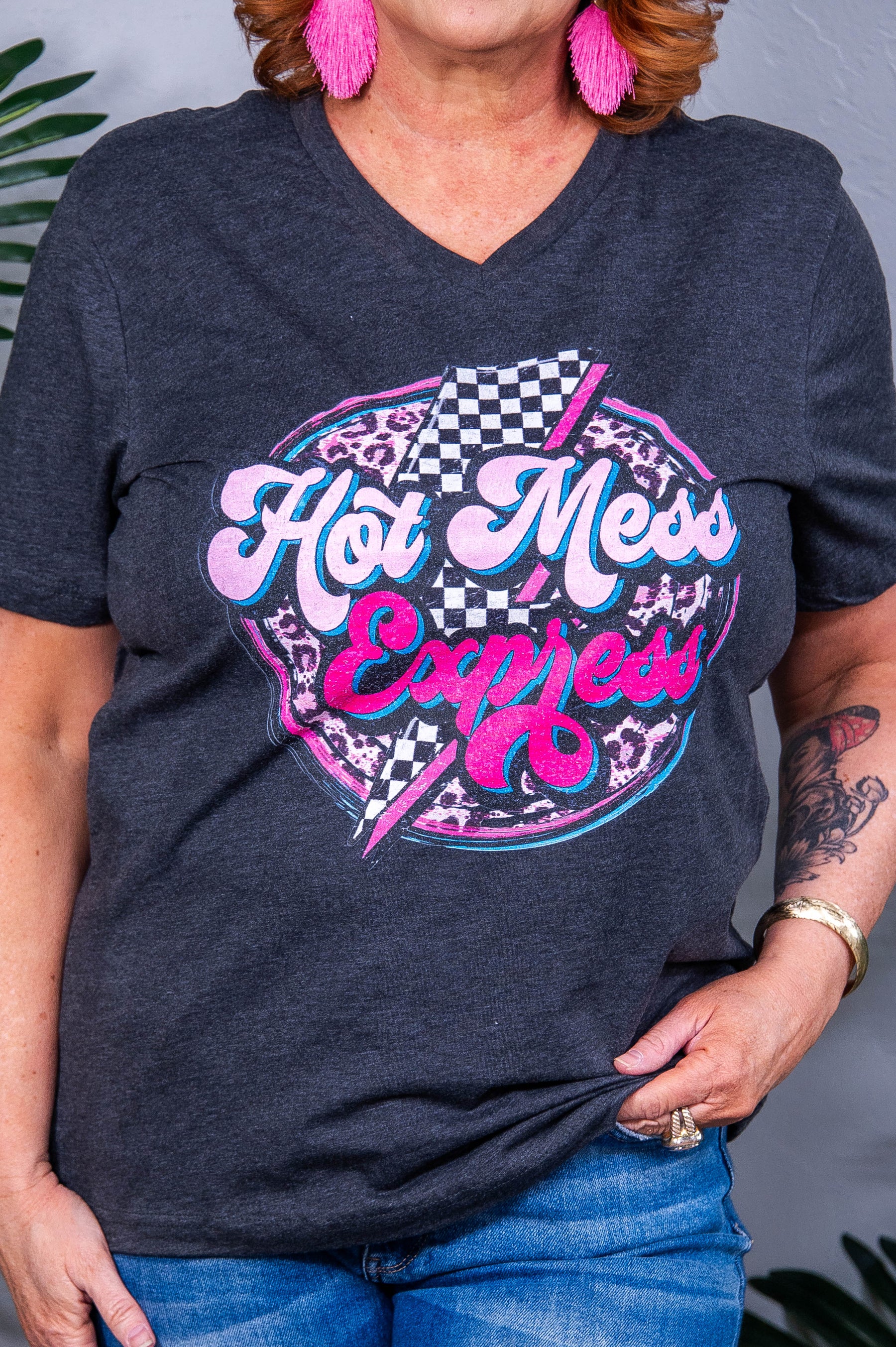 Hot Mess Express Dark Heather Gray Checkered/Printed Graphic Tee - A3946DHG