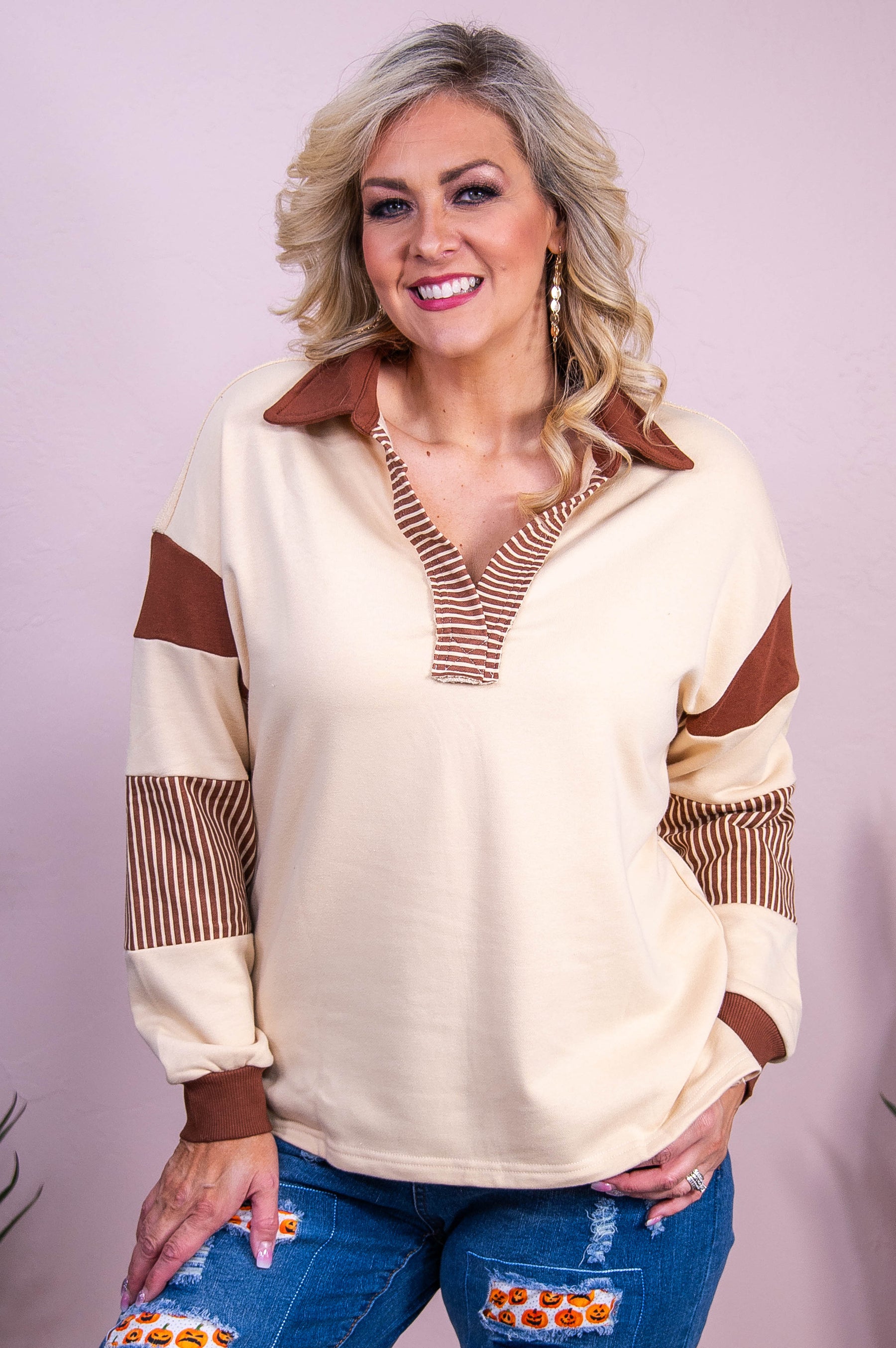 Can't Keep Me Down Beige/Chestnut Striped Top - T10319BG