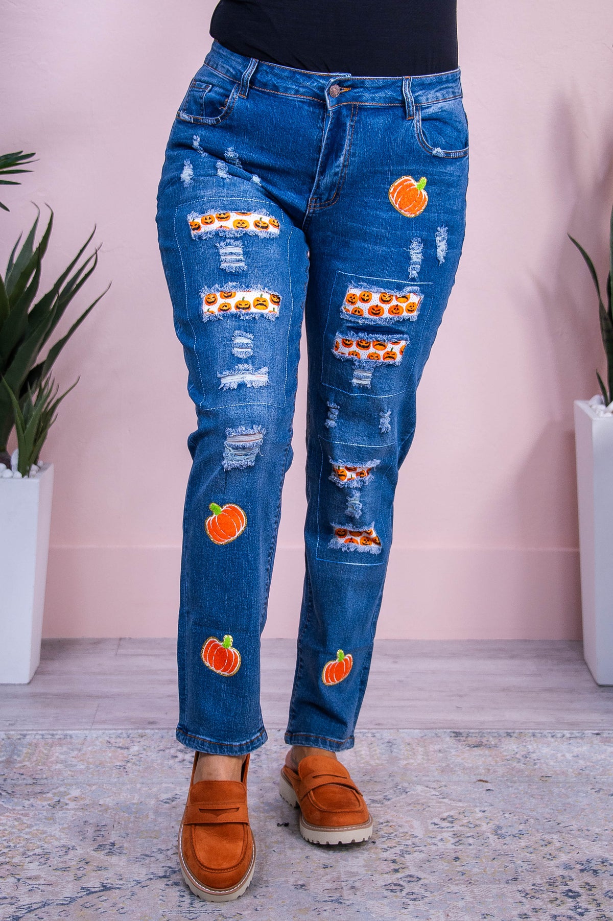 Coraline Medium Denim/Orange Distressed Pumpkin Patch Jeans - K1214DN