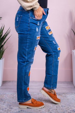 Coraline Medium Denim/Orange Distressed Pumpkin Patch Jeans - K1214DN