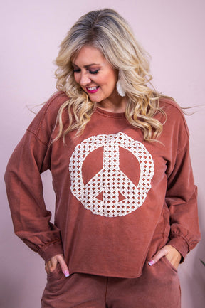 When The Leaves Turn Clay/Ivory Crochet Peace Sign Top - T10316CL