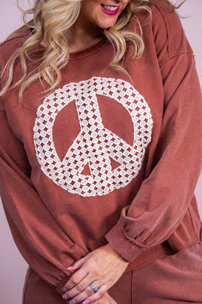 When The Leaves Turn Clay/Ivory Crochet Peace Sign Top - T10316CL