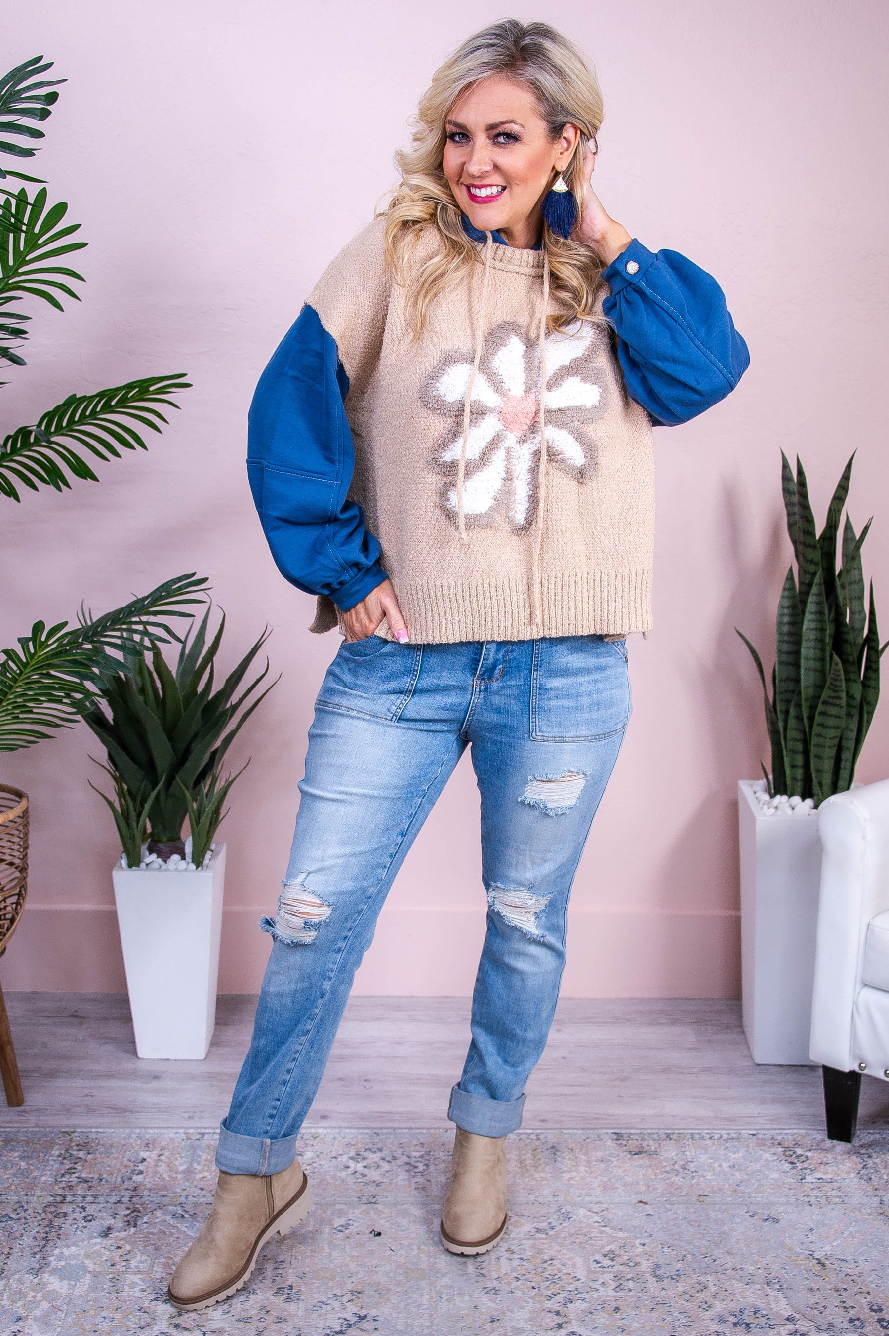 Just Fabulous Navy/Sand Floral Hooded Sweater - T10310NV