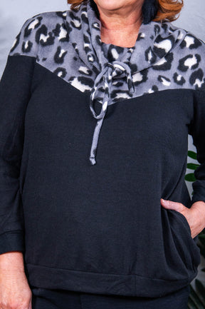 Growl Power Black/Gray Printed Cowl Neck Top - T10840BK