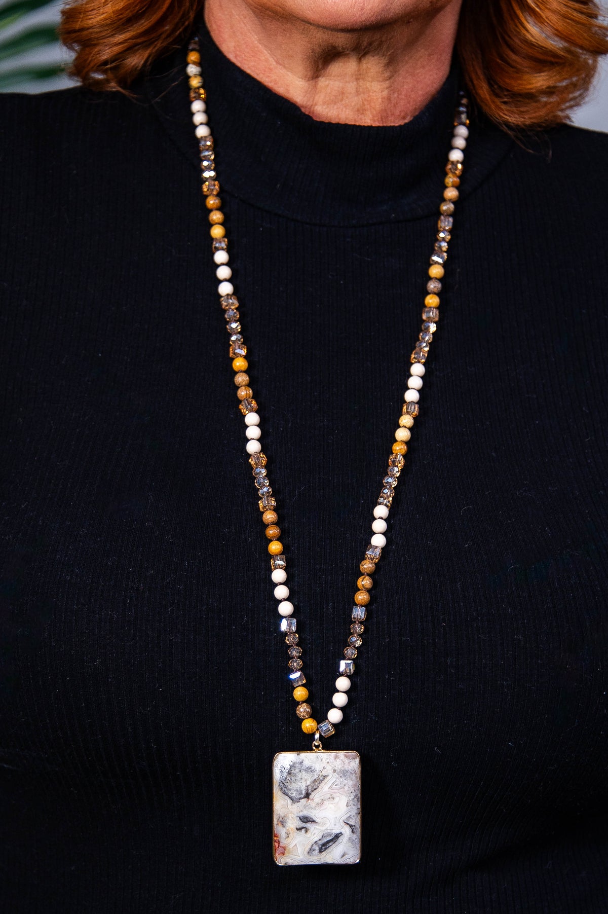 Natural/Brown Beaded Stone Pendant Necklace - NEK4392NA