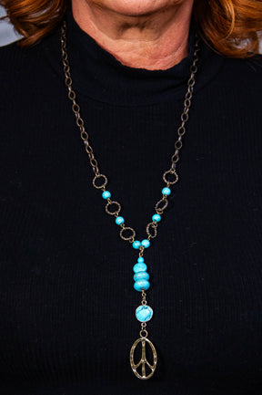 Bronze Chain with Turquoise Beading and Peace Sign Necklace  - NEK4395BZ