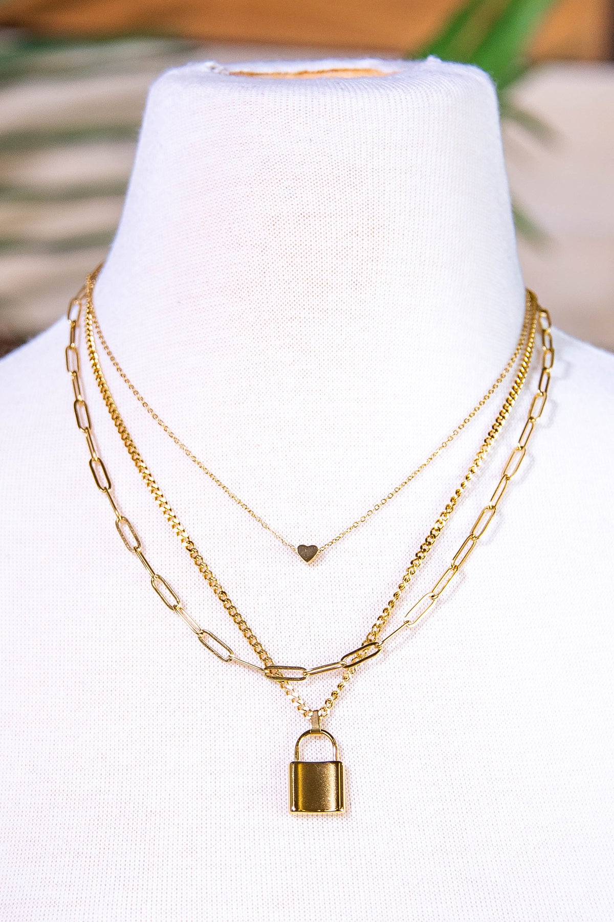 Gold Lock/Heart Layered Chain Necklace - NEK4391GD