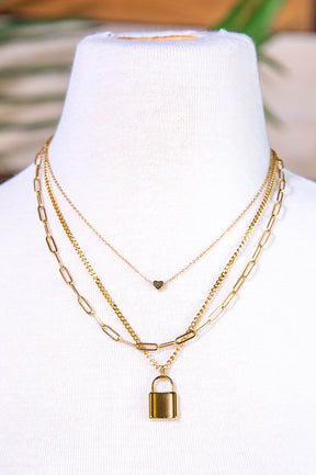 Gold Lock/Heart Layered Chain Necklace - NEK4391GD