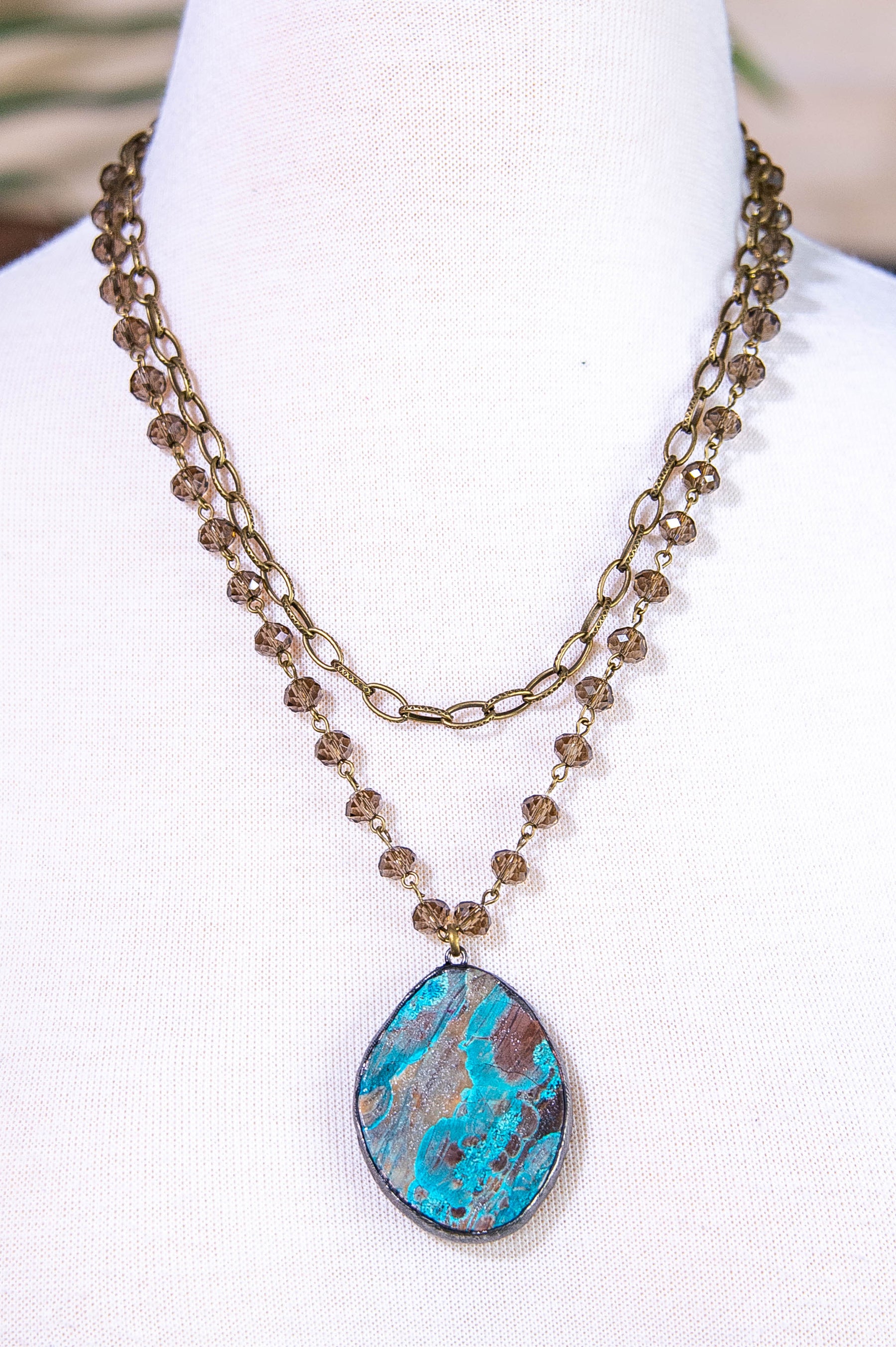 Smokey Color Beaded Chain Link Layered Pendant Necklace - NEK4396SM