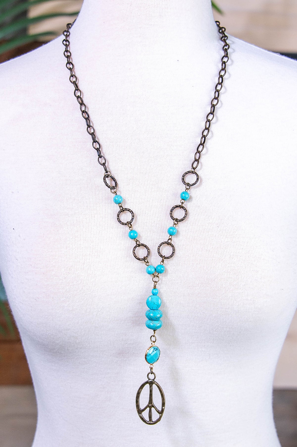 Bronze Chain with Turquoise Beading and Peace Sign Necklace  - NEK4395BZ