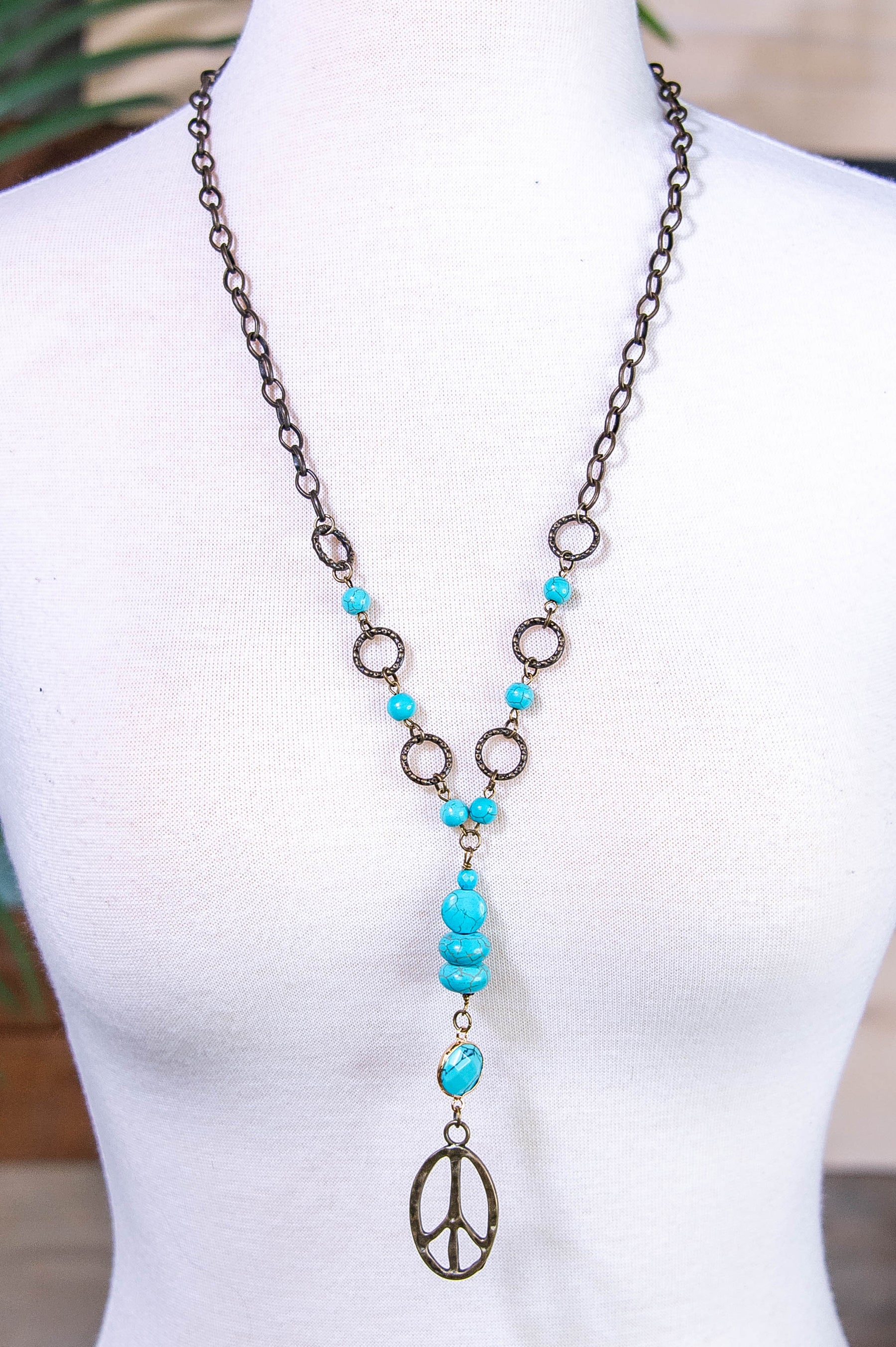 Bronze Chain with Turquoise Beading and Peace Sign Necklace  - NEK4395BZ