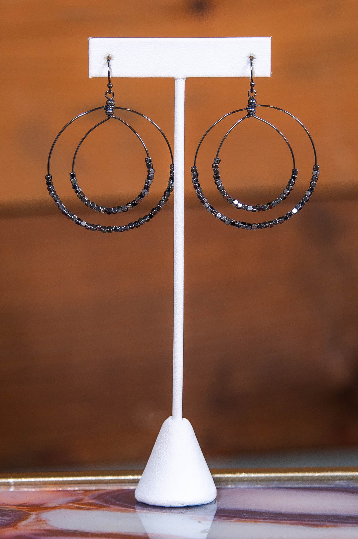 Black Beaded Double Circle Drop Earrings - EAR4480BK