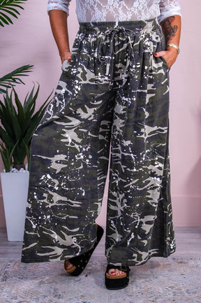 Camo Wearin' Country Girl Dark Olive/Multi Color Camouflage/Paint Splatter Wide Leg Pants - PNT1702CA