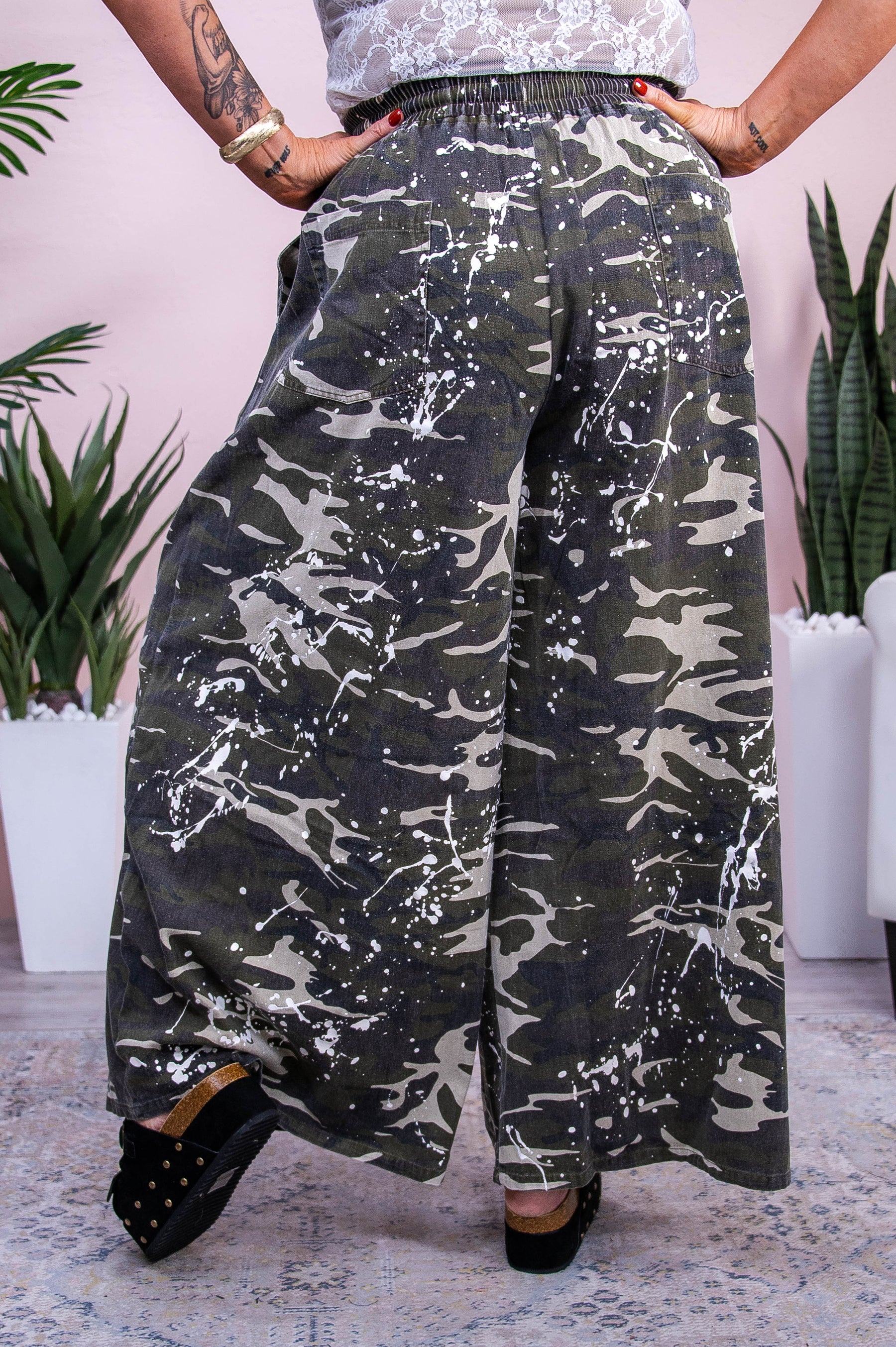 Camo Wearin' Country Girl Dark Olive/Multi Color Camouflage/Paint Splatter Wide Leg Pants - PNT1702CA