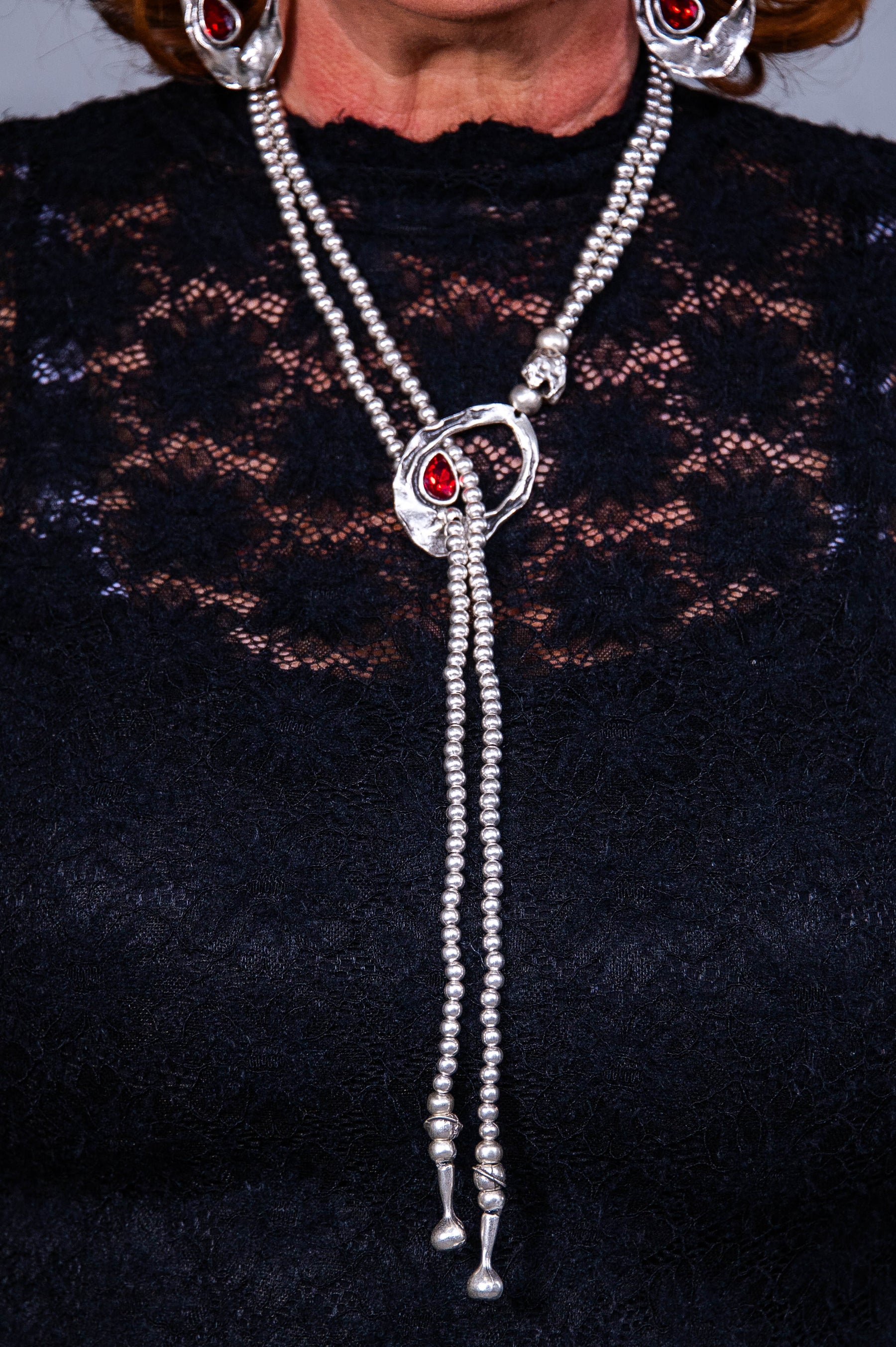 Silver Beaded Chain with Red Stone Necklace & Matching Earrings - NEK4402RD