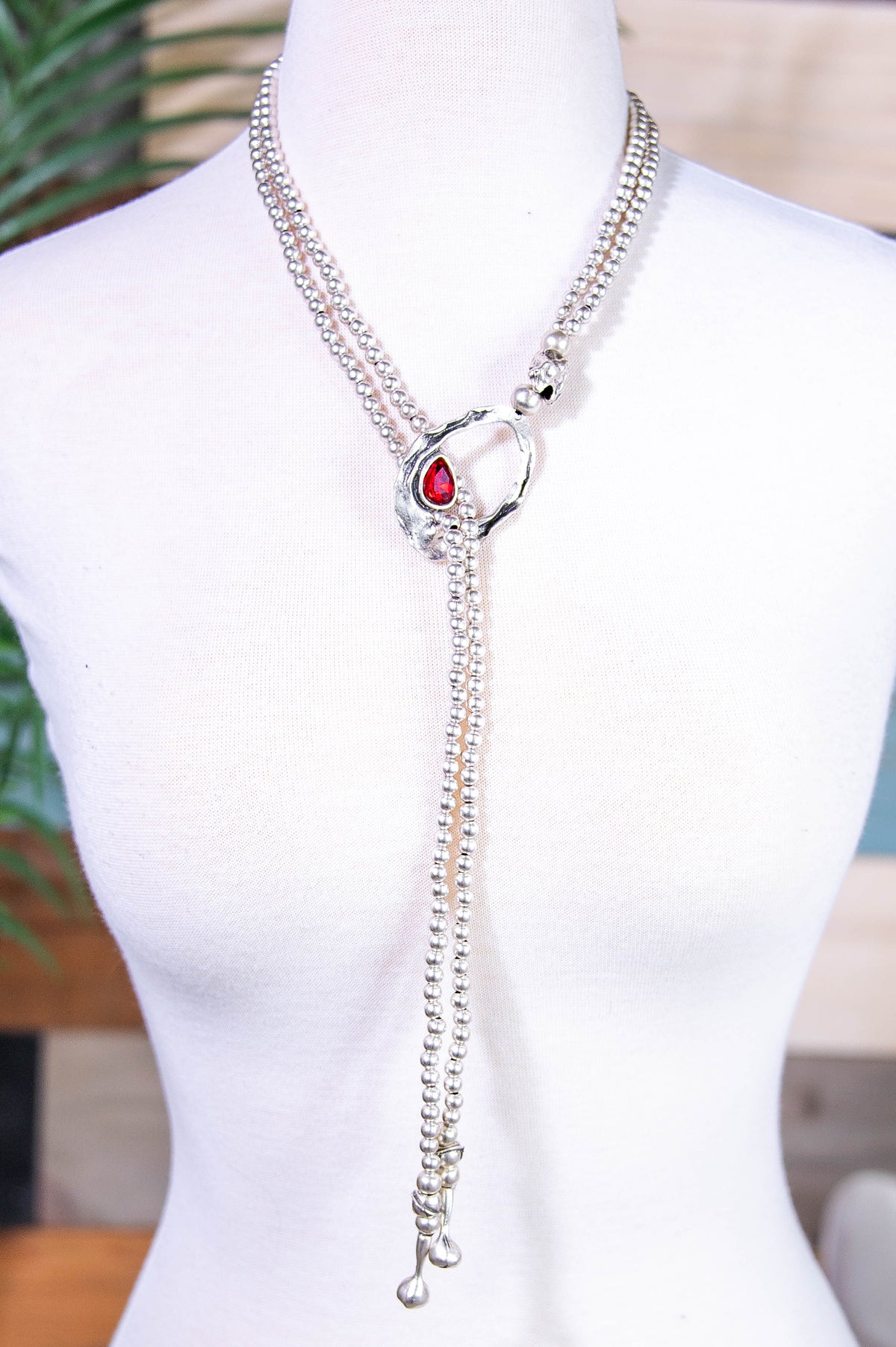 Silver Beaded Chain with Red Stone Necklace & Matching Earrings - NEK4402RD