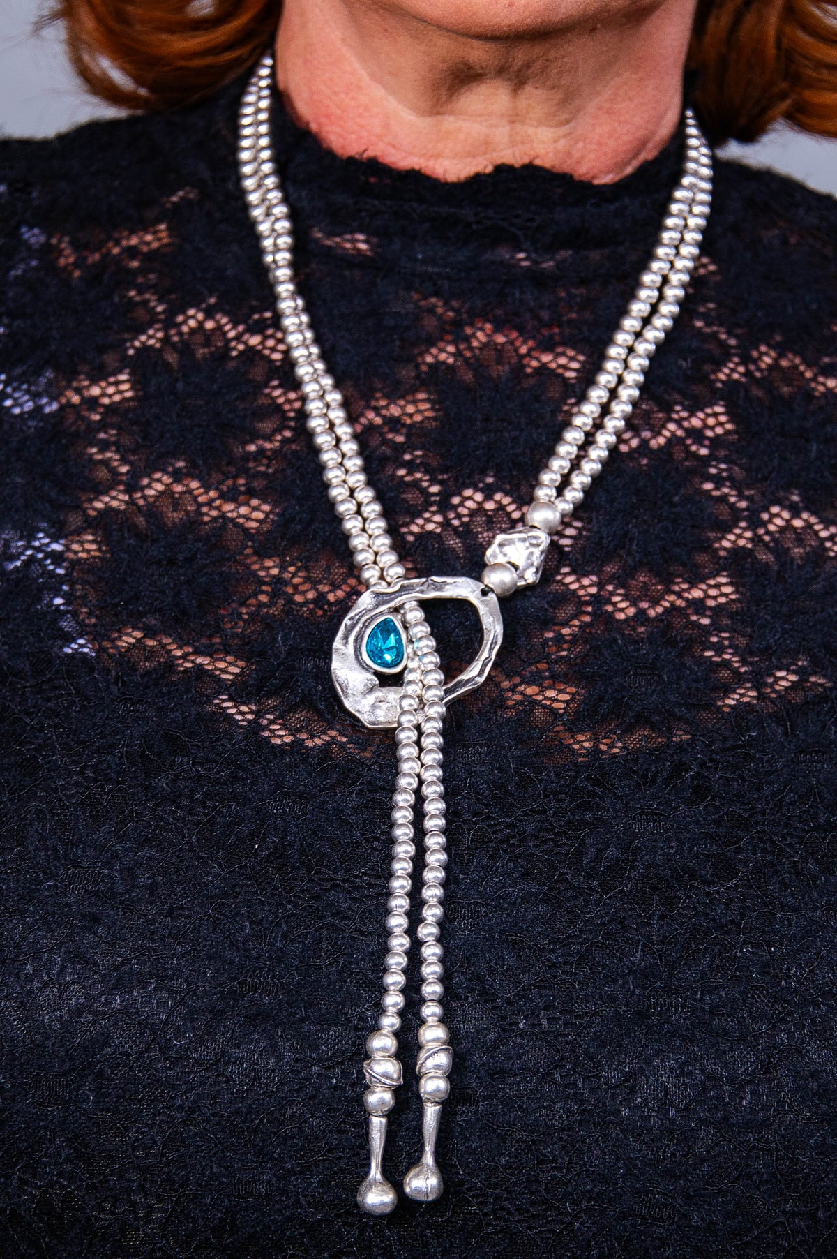 Silver Beaded Chain with Aqua Stone Pendant Necklace - NEK4399SI