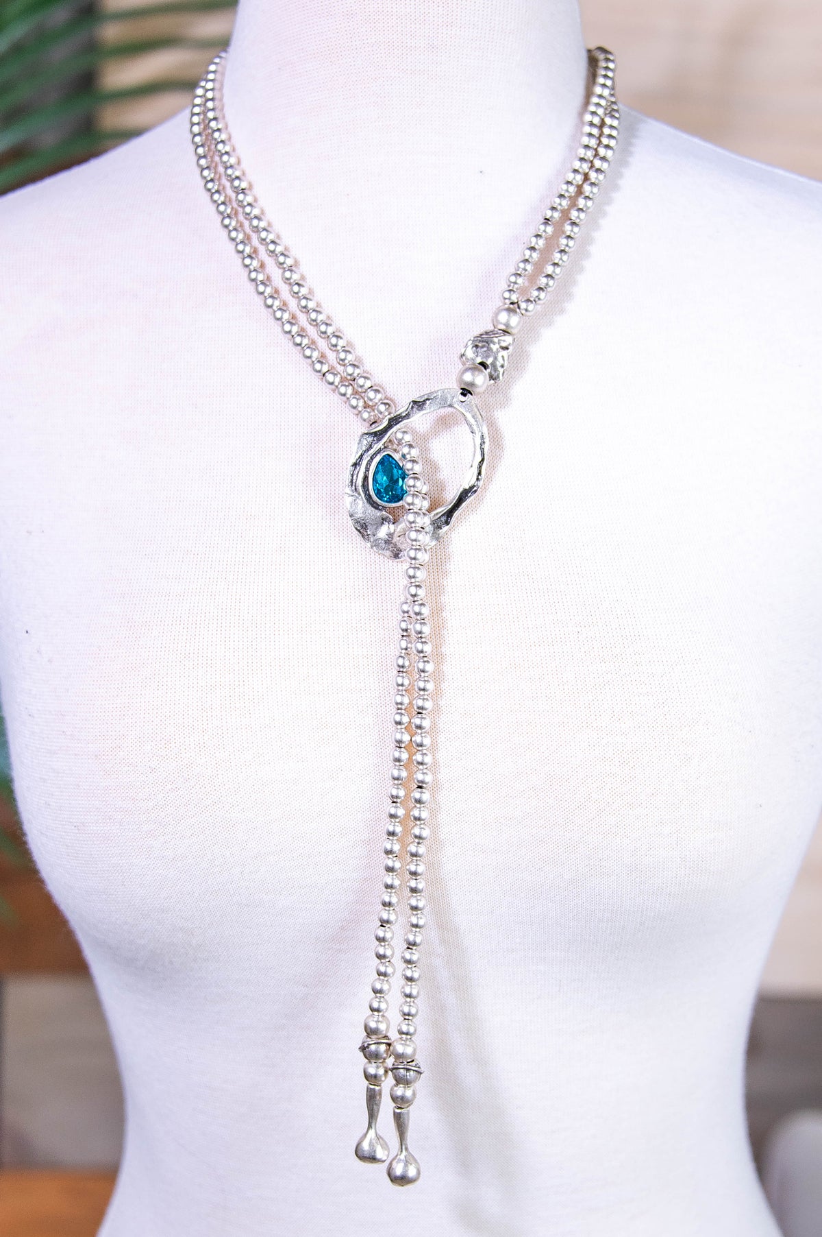 Silver Beaded Chain with Aqua Stone Pendant Necklace - NEK4399SI