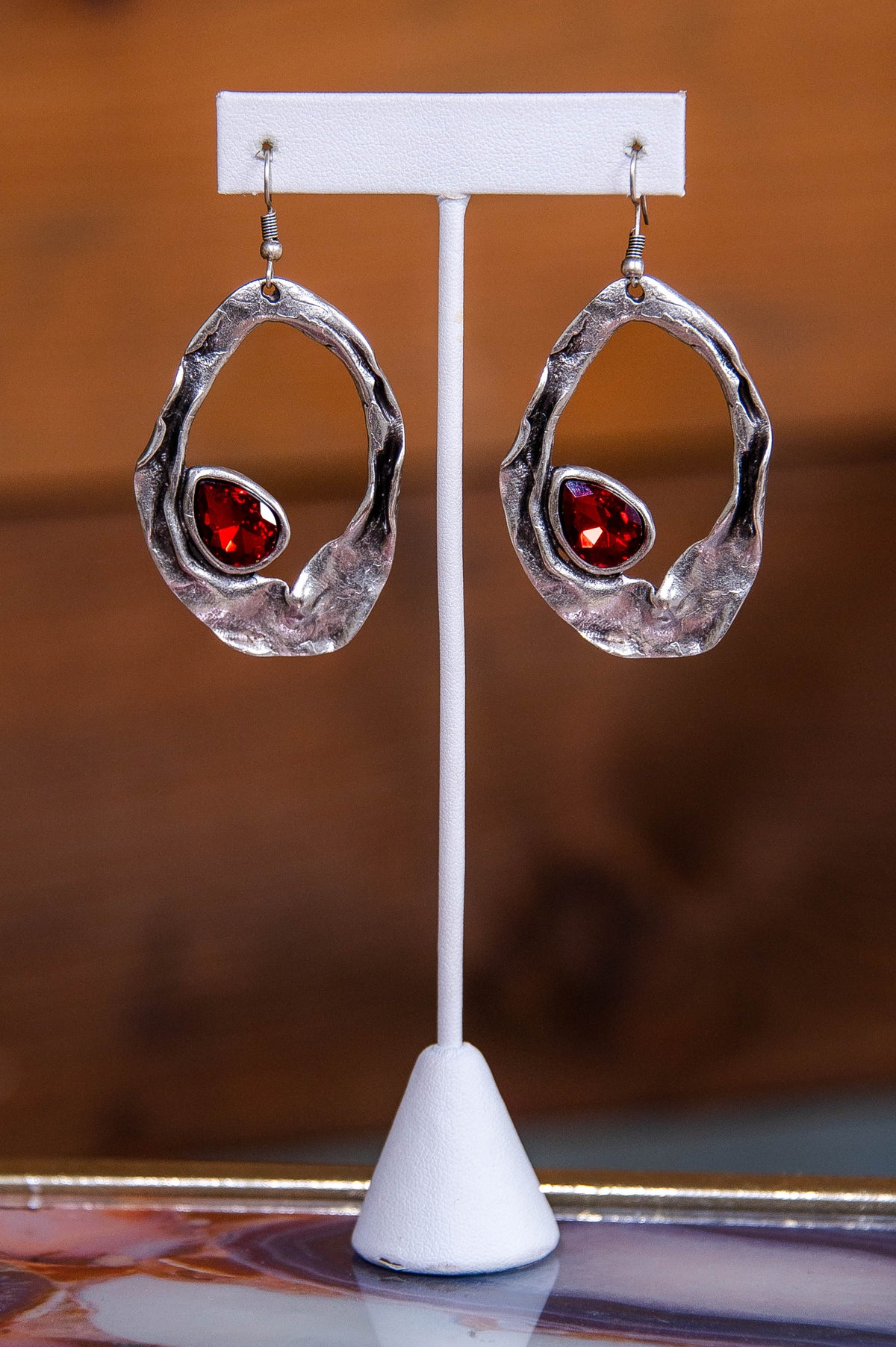 Silver Beaded Chain with Red Stone Necklace & Matching Earrings - NEK4402RD