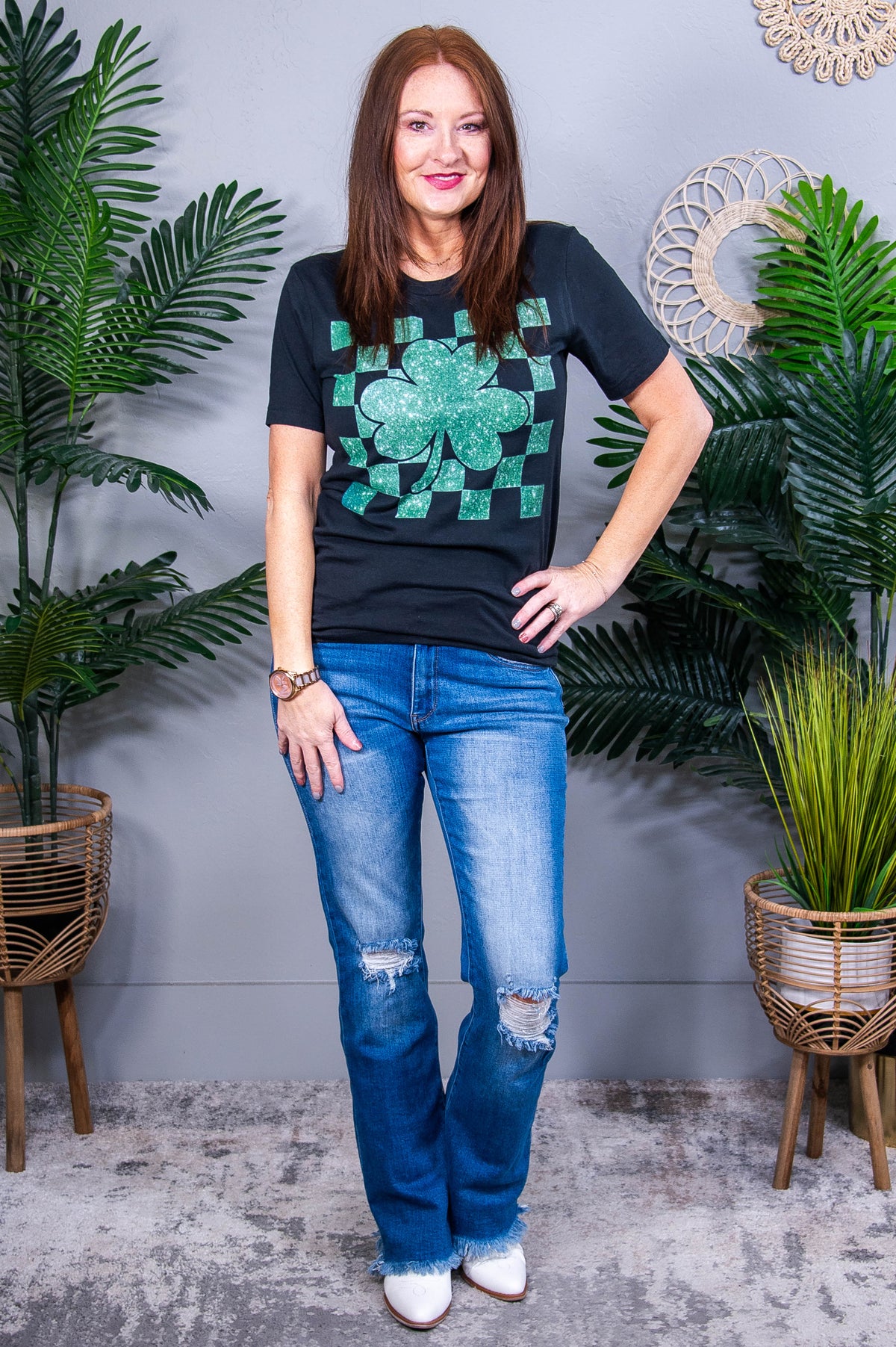 St Patrick Day Vintage Black Shamrock/Glitter Printed Graphic Tee - A3956VBK