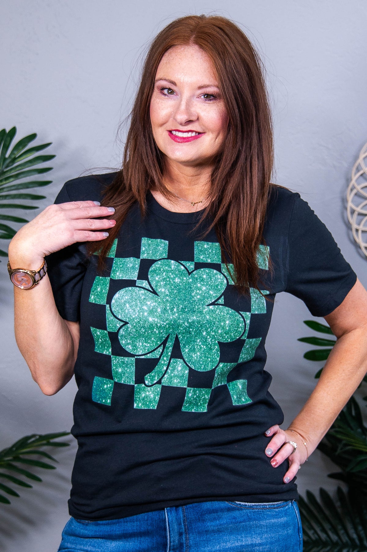 St Patrick Day Vintage Black Shamrock/Glitter Printed Graphic Tee - A3956VBK