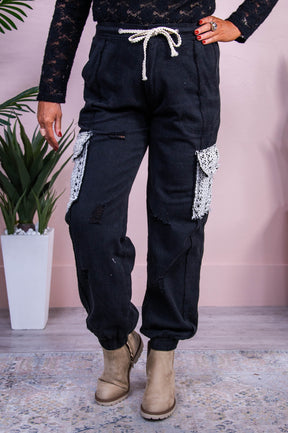 Rowan Black/Ivory Crochet Distressed/Frayed Jeans - K1215BK