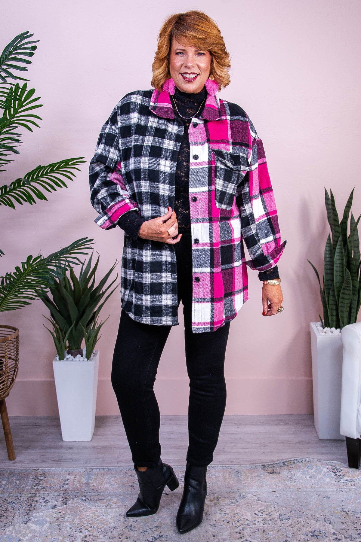 My Cozy Life Black/Fuchsia Plaid Jacket - O5540FU