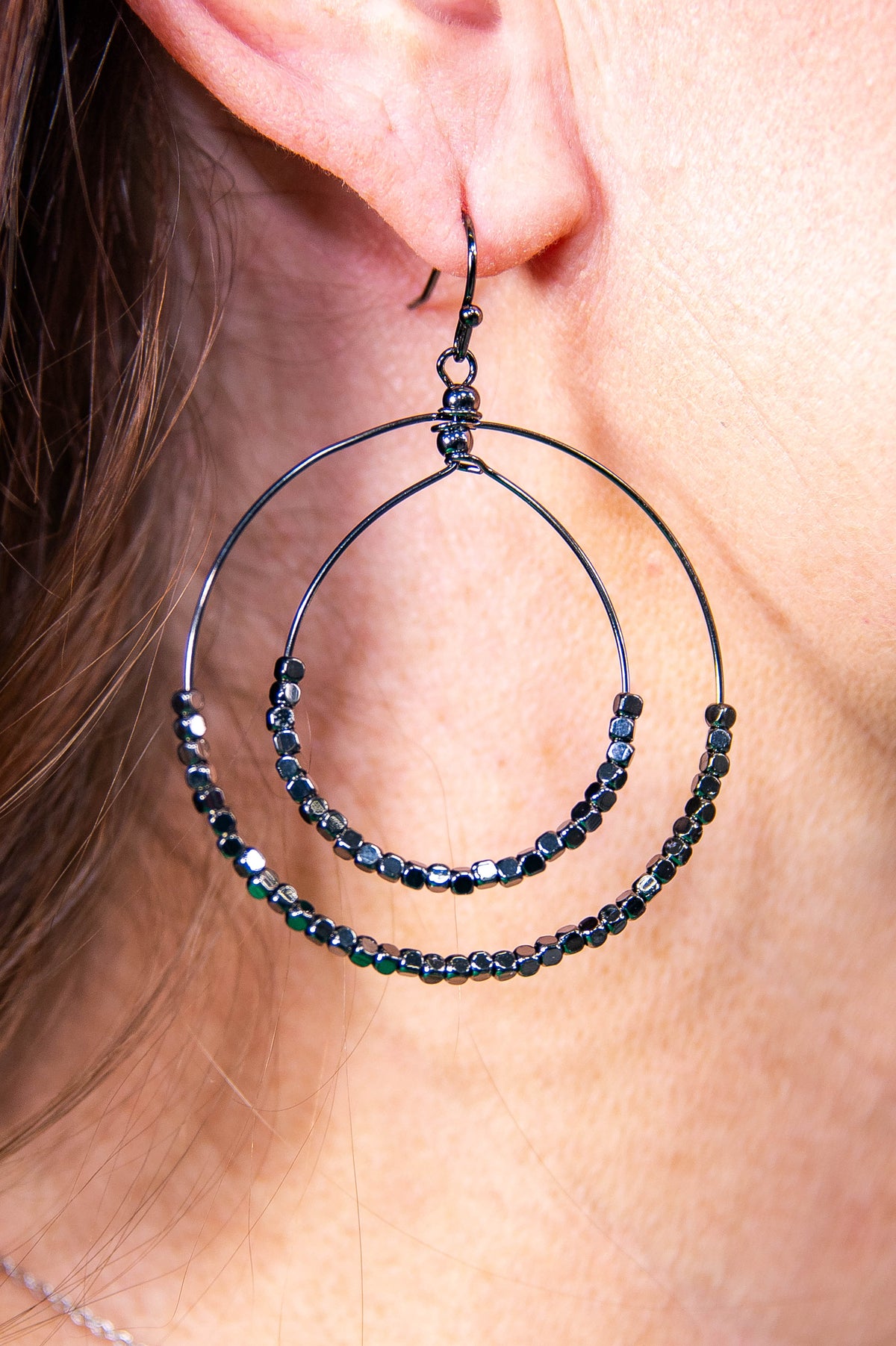 Black Beaded Double Circle Drop Earrings - EAR4480BK