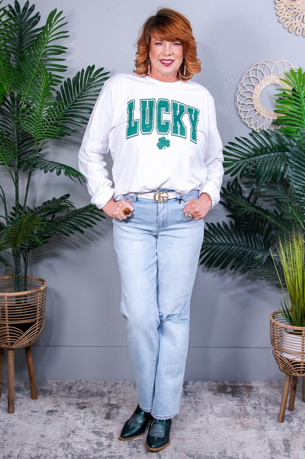 Lucky White Clover Printed Long Sleeve Graphic Tee - A3955WH