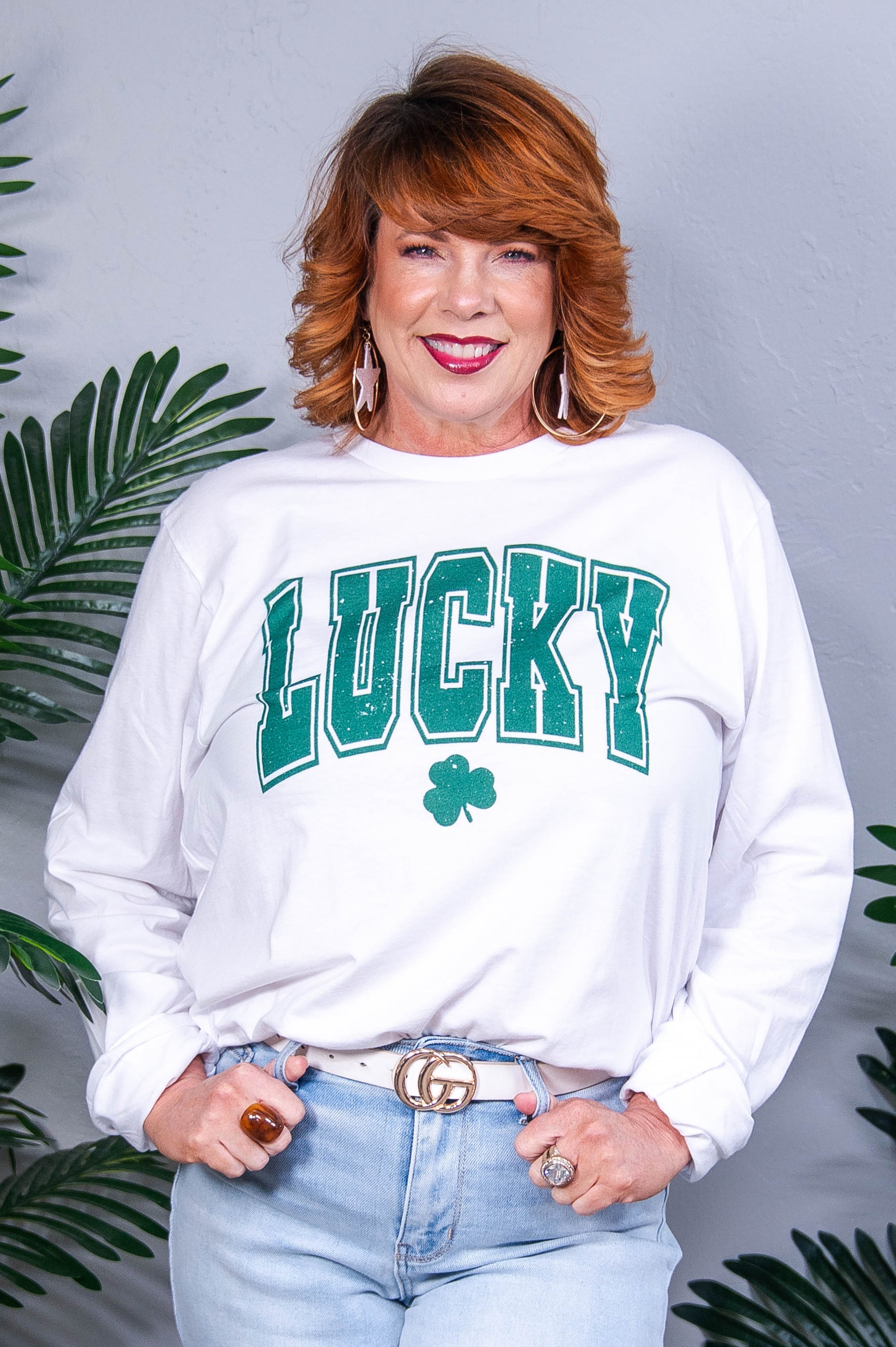 Lucky White Clover Printed Long Sleeve Graphic Tee - A3955WH