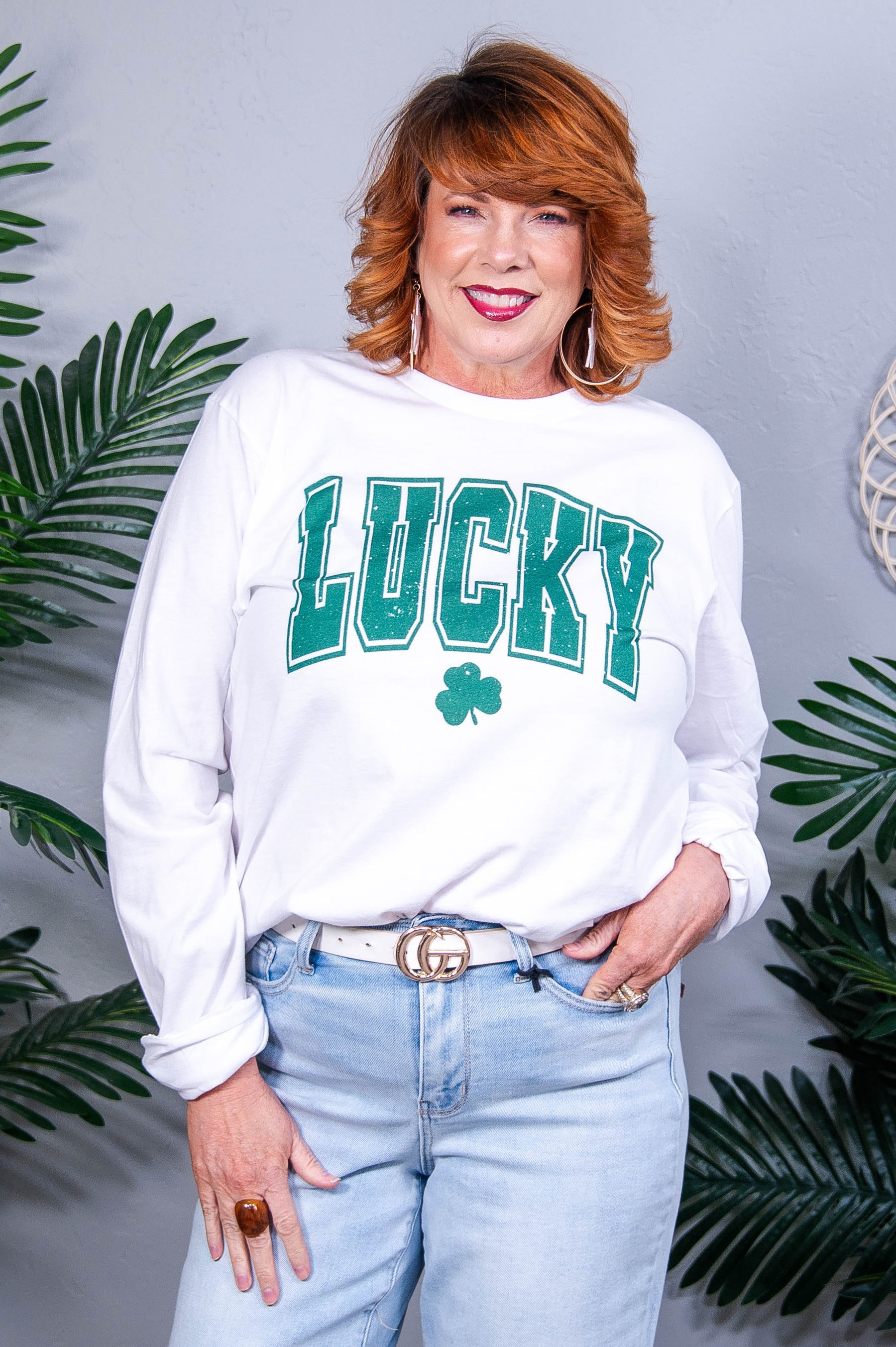 Lucky White Clover Printed Long Sleeve Graphic Tee - A3955WH